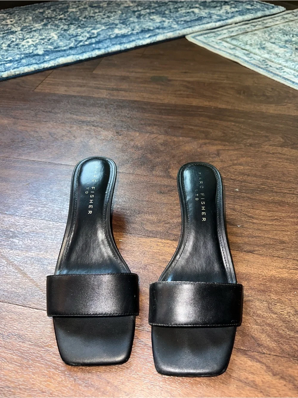 Marc Fisher Black Square Strap Mule Heels
